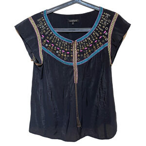 Nanette Lepore 4 Ribbon Closure Beaded Top Shirt Boho Chic Blouse Size Small (4)